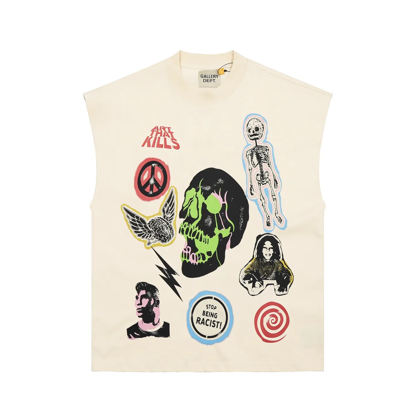 pt #G1018 P110 GALLERY DEPT. Sleeveless waistcoat with short sleeves. Multi-element skull print. Made of 280G double-yarn pure cotton. The fabric is comfortable and stylish. It has been custom-woven and dyed. The upper body will be more trendy and cool in the future. Multi-element large-area printing design is full. The American version is too large. Color: apricot. Size S/M/L/XL